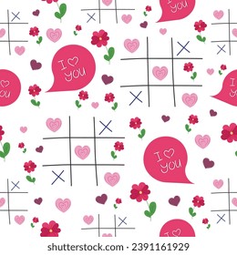 Patrón de amor sin foco. Dejando que te amo. Símbolos tradicionales del Día de San Valentín - corazones dulces, burbuja de habla, juego de tic-tac-toe, flores adorables. Tonos rosas claros. La decoración festiva