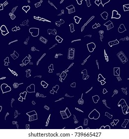 seamless love pattern with mail, post stamps, heart. Hand drawn in doodle, cartoon style illustrations. Background texture design for web, print and textile eps10