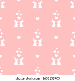 Seamless love pattern with rabbits and hearts on pink background. Decorative holiday wallpaper, good for printing. Cute Vector illustration. Flat St. Valentine ornament