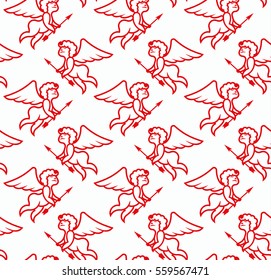 Seamless love pattern with red cupid on a white background. Vector Amor illustration for a card on Valentine's Day. Wedding decoration with an angel.