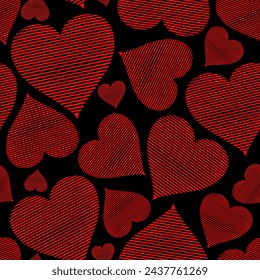 Seamless love pattern with red hearts on black background
