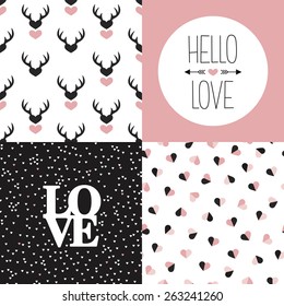 Seamless love pattern set and hello love and heart valentine and wedding invitation cover design in vector