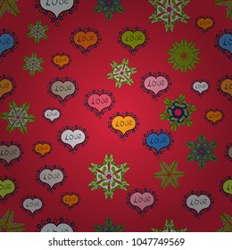 Seamless love pattern. Sketch heart elements on red, green and black colors. Wrapping paper. Vector illustration. Valentine':s day. Love repeated backdrop for girl, textile, clothes.