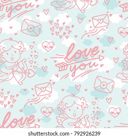 Seamless love pattern for Valentine's day with Cupid angel character, lettering text: Love you, hearts, arrows and envelopes. Hand drawn outline romantic background