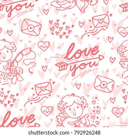 Seamless love pattern for Valentine's day with Cupid angel character, lettering text: Love you, hearts, arrows and envelopes. Hand drawn outline romantic background