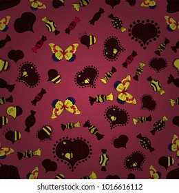 Seamless love pattern. Vector illustration. Sketch heart elements on red, brown and yellow colors. Valentine':s day. Love repeated backdrop for girl, textile, clothes. Wrapping paper.