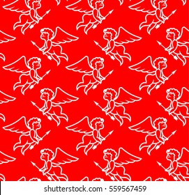 Seamless love pattern with white cupid on a red background. Vector Amor illustration for a card on Valentine's Day. Wedding decoration with an angel.