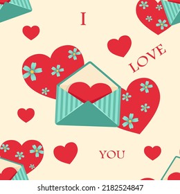 Seamless love pattern. I love You seamless background from hearts, flowers and a beautiful postcard. vector illustration
