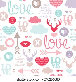 Seamless love romantic valentine hearts and sweet kiss illustration background pattern with lovers text in vector