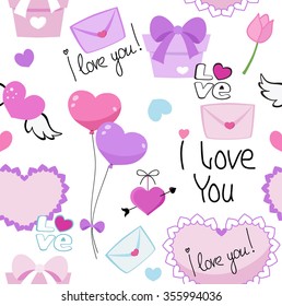 Seamless love romantic valentine hearts  background pattern with lovers text in vector.