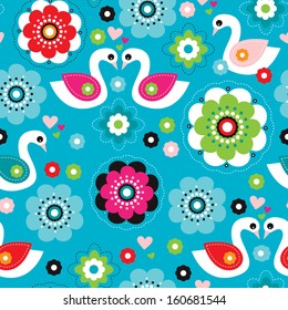Seamless love swan spring blossom illustration background pattern in vector