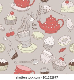 Seamless love tea pattern with sweets, cake, bird and cherry