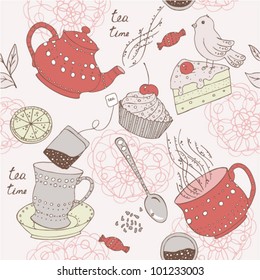 Seamless love tea pattern with sweets, cake and bird