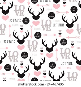 Seamless love translation wedding and valentine illustration hearts arrows and text background pattern in vector