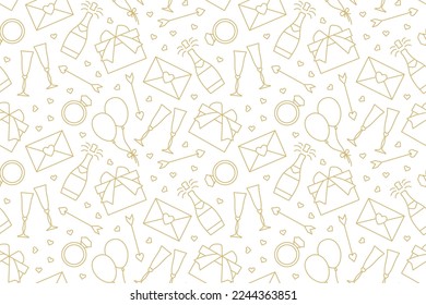 seamless love, Valentine's Day golden pattern with love letter, diamond ring, arrow, gift, balloons, champagne glasses and bottle icons- vector illustration