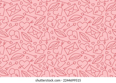 seamless love, Valentine's Day pattern with heart, lips, padlock, arrow, letter icons - vector illustration