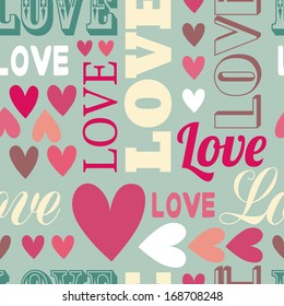 Seamless love vector background, texts and hearts