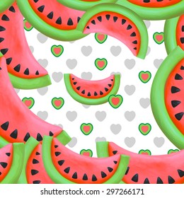 Seamless lovely cute pattern with red juicy ripe watermelon and hearts for web or print