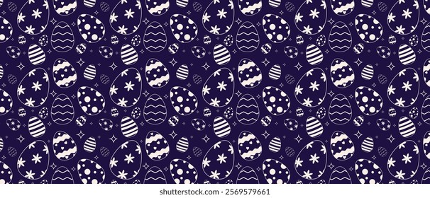 Seamless lovely Easter seasonal spring holiday pattern with white ornate Easter eggs. Easter repeat pattern for decoration and print. Horizontal Easter cute repetition pattern. Egg hunt game.