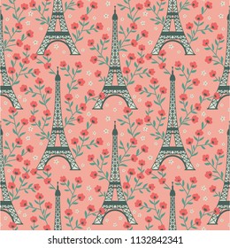 Seamless lovely eiffel tower vector pattern with flowers, eiffel towers and pastels. Great for apparel design, cards, gift papers or other romantic surfaces.