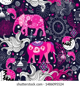 Seamless lovely pattern of elephants on a floral decorative background. Design template for wallpaper, poster or packaging.