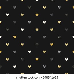 Seamless lovely pattern with golden, watercolor and texture hearts on black background.