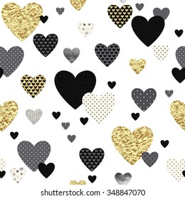 Seamless lovely pattern with golden, watercolor and texture randomly distributed hearts on white background.