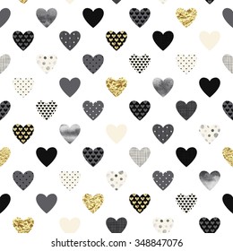 Seamless lovely pattern with golden, watercolor and texture hearts on white background.
