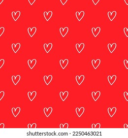 Seamless lovely pattern with hand drawn white hearts on red background. Design for  postcards, posters, Valentine's day, fabric. 