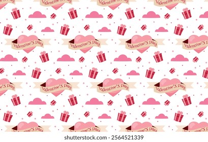 Seamless lovely pattern with hearts, gift boxes and clouds. Valentine's day repeat pattern for decoration and print. Love and Valentine's day romantic repetition pattern