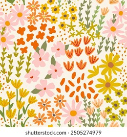 Seamless lovely pattern with little wild meadow flowers and leaves. Colorful cute floral summer background. Can be used for wrapping, textile, print, banner, brochure, label, greeting card, wallpaper