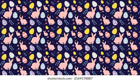 Seamless lovely pattern with rabbits, Easter eggs, flowers, stars. Easter repeat pattern for decoration and print. Horizontal Easter cute repetition pattern