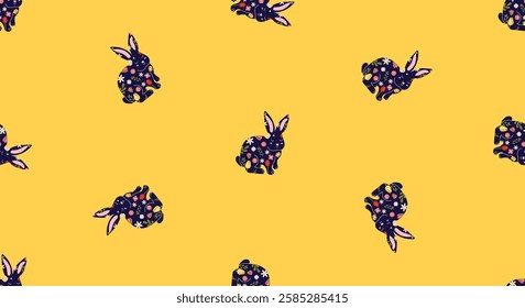 Seamless lovely pattern with rabbits. Easter repeat pattern for decoration and print. Horizontal Easter cute repetition pattern