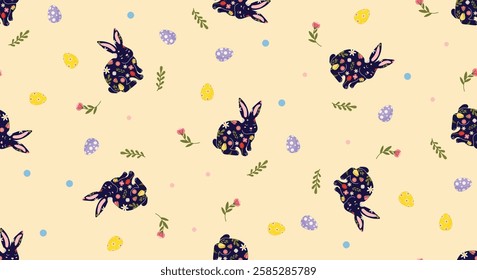 Seamless lovely pattern with rabbits, Easter eggs, leaves and flowers. Easter repeat pattern for decoration and print. Horizontal Easter cute repetition pattern