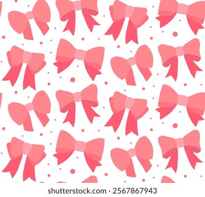 Seamless lovely vector pattern with pink ribbons and polka dots in a flat style on white background. Valentines girly texture. Feminine  textile for backgrounds, gift wrapping, wrapping paper