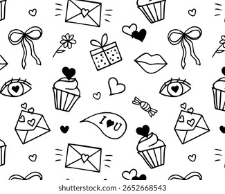 Seamless love-themed pattern in black-and-white hand-drawn vector style. Doodle icons of cupcakes, hearts, gifts, lips, and more. Ideal for packaging, textiles, wrapping paper, and greeting cards.