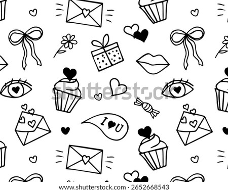 Seamless love-themed pattern in black-and-white hand-drawn vector style. Doodle icons of cupcakes, hearts, gifts, lips, and more. Ideal for packaging, textiles, wrapping paper, and greeting cards.