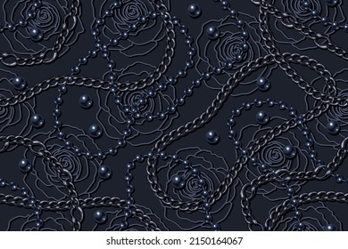 Seamless low contrast blue pattern with pearl beads, strings of black pearls, stainless chains, linear roses on black background. Wavy lines, classic blue color. Vector illustration