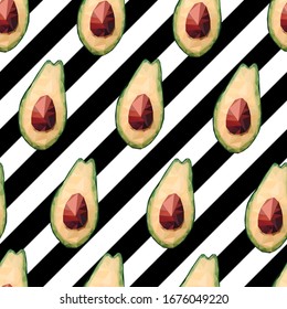 Seamless low poly avocado pattern. Vector polygonal avocado sign on diagonal striped background. Green healthy fruit, proper nutrition, snack, vegetables, eat. Food illustration for packaging, textile