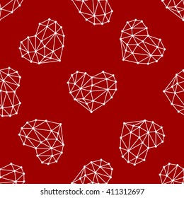 seamless low poly hearts icon on red background. vector illustration
