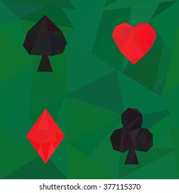 Seamless low poly pattern with card suits -spades, hearts, diamonds and clubs on green background