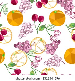 Seamless low poly pattern with fruit elements+ Endless orange cherry grape  texture