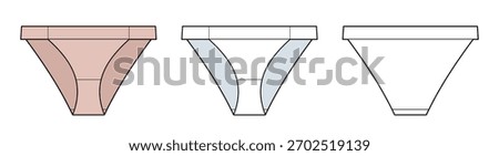 Seamless Low-Rise Bikini Bottom Technical Fashion Illustration. Women’s Swimwear Vector Template. Front and Back View. Minimalist Swimsuit Bottom. CAD Mockup.