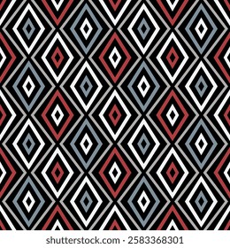 Seamless lozenge pattern featuring a modern ethnic design with multicolored concentric diamond-shaped elements set against a black background. Abstract geometric style. Vector illustration.