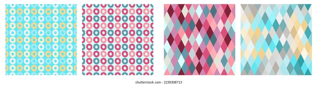 Seamless lozenge patterns set of red, pink, blue colors. Rhombus repeating background for wrapping paper, surface design and other design projects