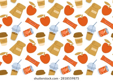 Seamless Lunch pattern. Flat vector illustration for balanced eating, school meals, office breaks, fitness nutrition, diet plans