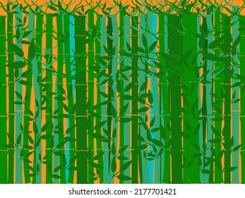 seamless lush leafy green bamboo pattern on an orange background