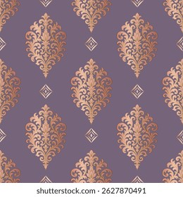 Seamless luxurious baroque damask pattern in rose gold over a soft purple background. Ideal for wallpaper, textile prints, invitations, and elegant packaging design.