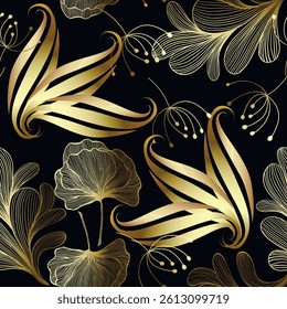 Seamless luxury 3D floral pattern with line art glowing golden petals, fine line botanical elements, flowers, leaves and elegant ornamental shapes on a black background. Endless shiny modern texture.