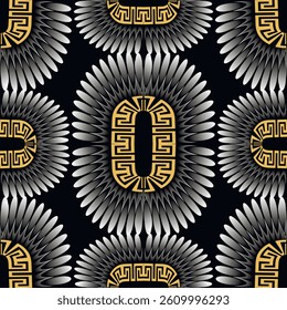 Seamless luxury 3d pattern with radiant silver feather-like bursts surrounding golden Greek key meander oval emblems on a black background. Abstract floral beautiful ornaments. Endless ornate design.